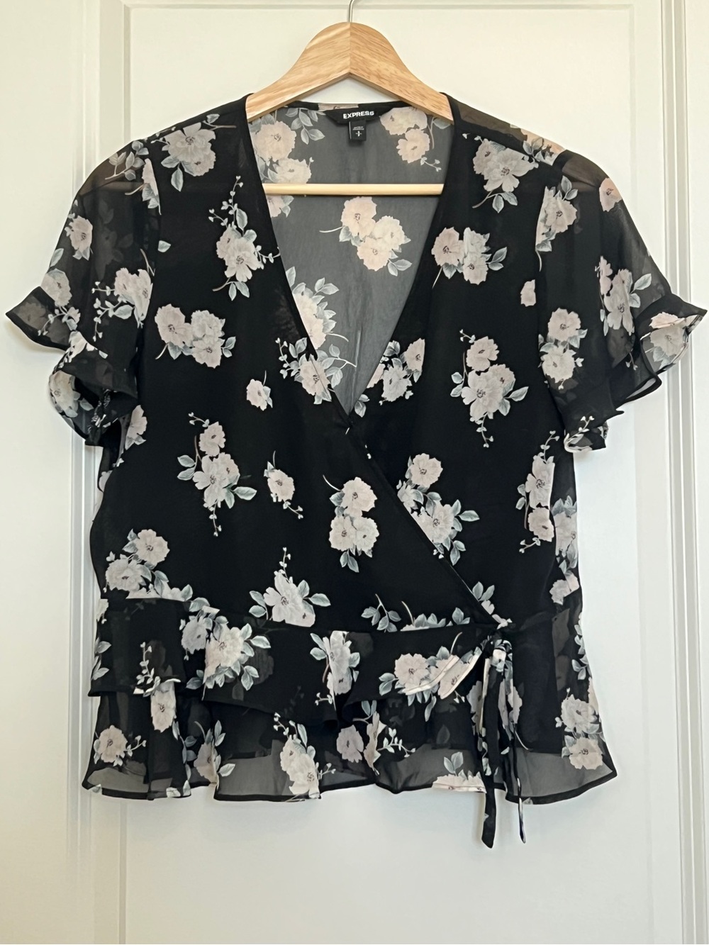 Express Black Floral Wrap Blouse - Black & Cream Floral